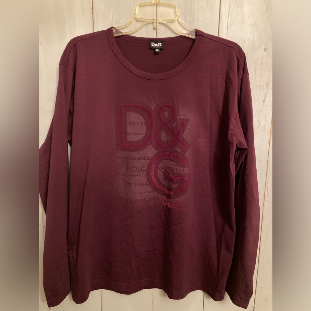 DOLCE & GABBANA Embossed￼ Logo Print Long Sleeve Knit Tee‎ Bordeaux Sz-XL